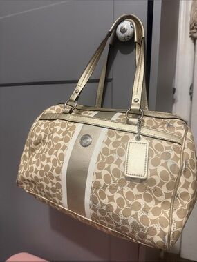 Coach Beige Signature Satchel with Metallic Gold Trim